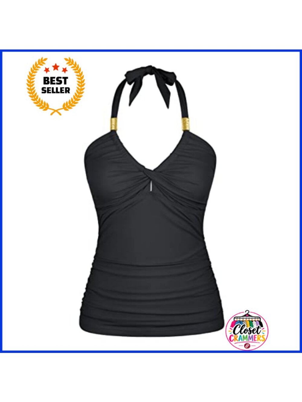 Retro Halter Tankini Swimsuit Top V-Neck Twist Front Ruched Tummy Control